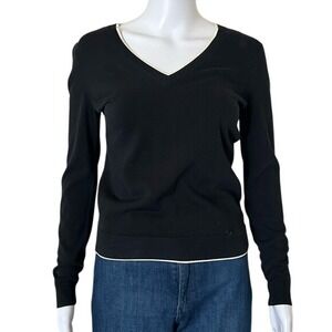 Gucci Pull Over Long Sleeve Black Beige Trim Lightweight V-Neck Sweater Top - XS
